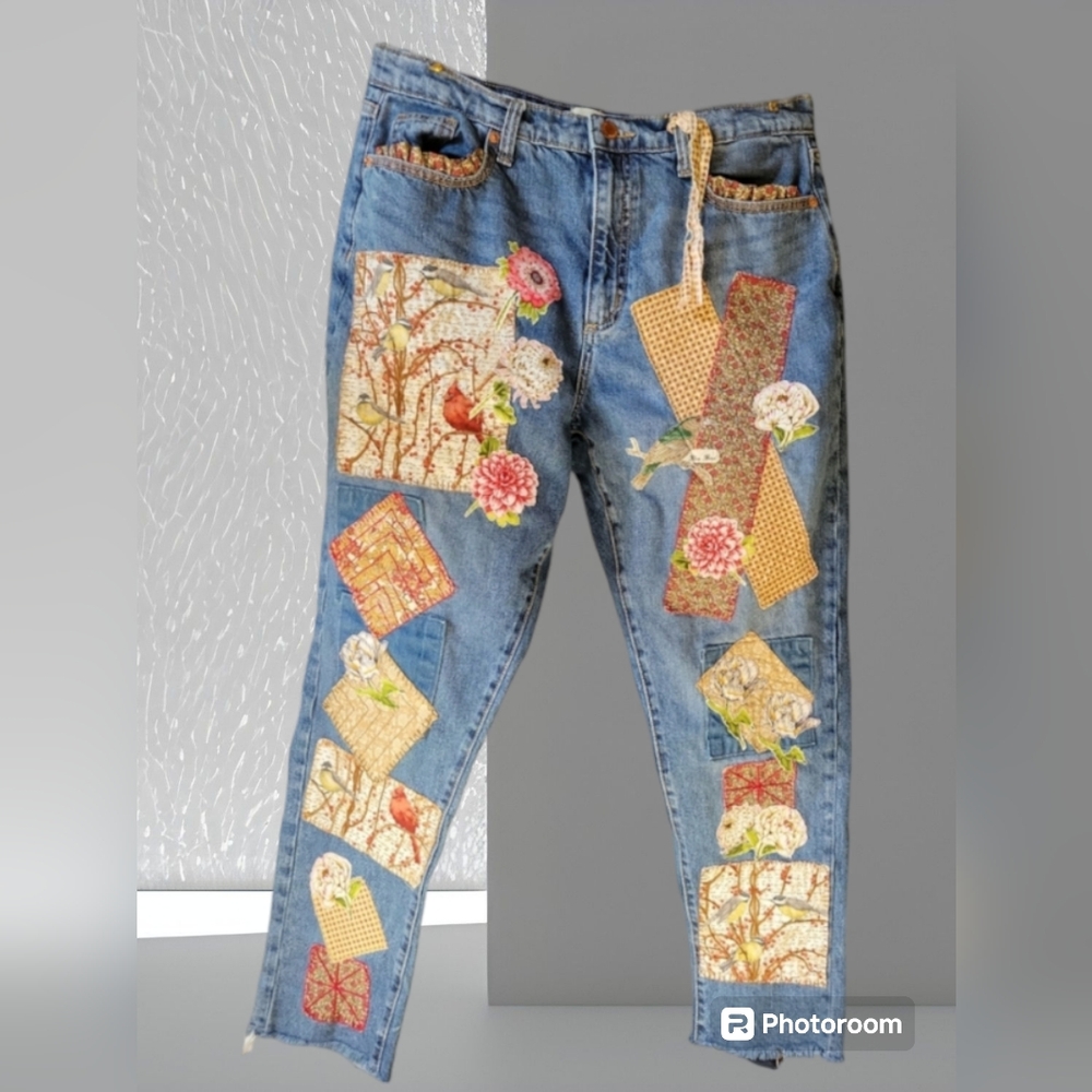 HAND CRAFTED Jeans UPCYCLED Blue Denim Patchwork Bird Floral Applique Size 10